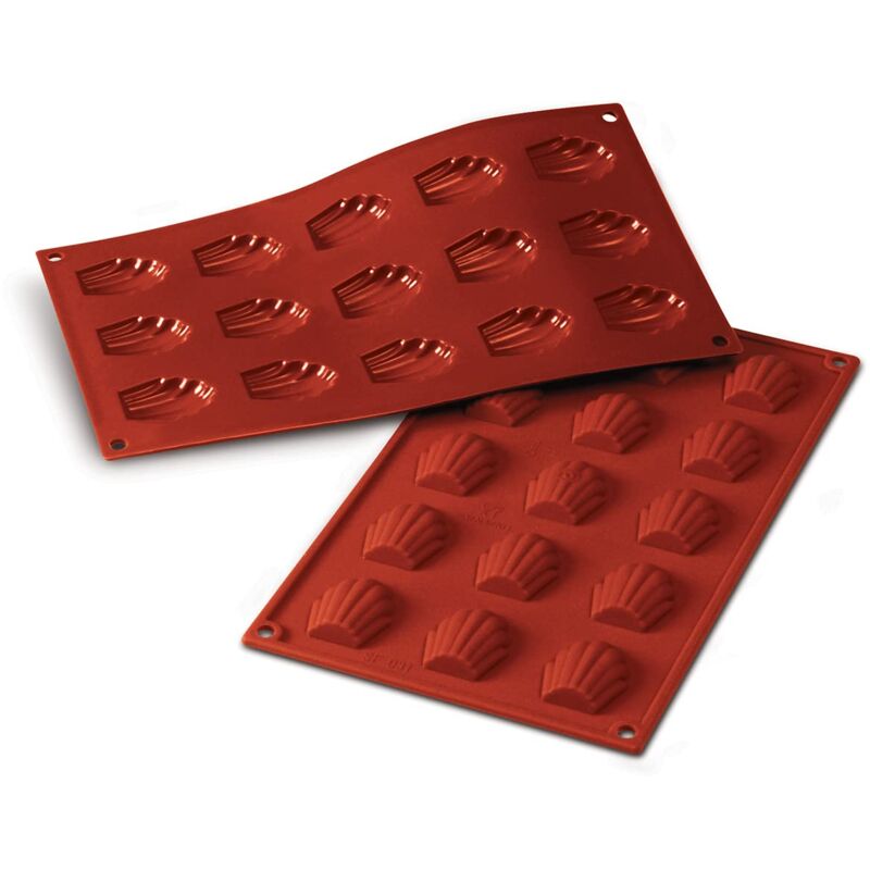 foto del prodotto sf031 stampo in silicone per monoporzioni madeleine, antiaderente, 15 monoporzioni, confezione da 1 stampo per dolci, 44 x 34 mm, h 10 mm, made in