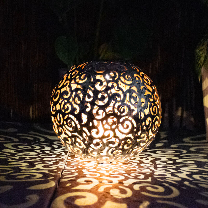 foto del prodotto sfera solare a luce solare per esterni, color argento, lampada plug in, giardino, sfera orientale, con effetto luce e picchetto, 1x led 3000 kelvin,