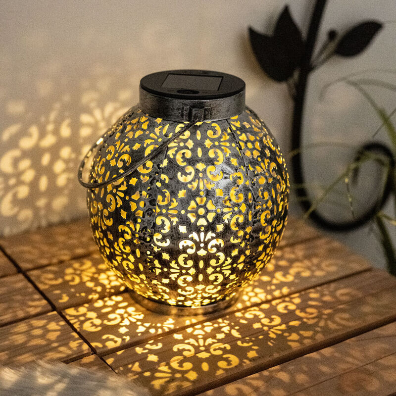 foto del prodotto sfera solare antica sfera solare in metallo per giardino sfera solare per esterno, con effetto luce orientale in argento da mettere collegare, led,