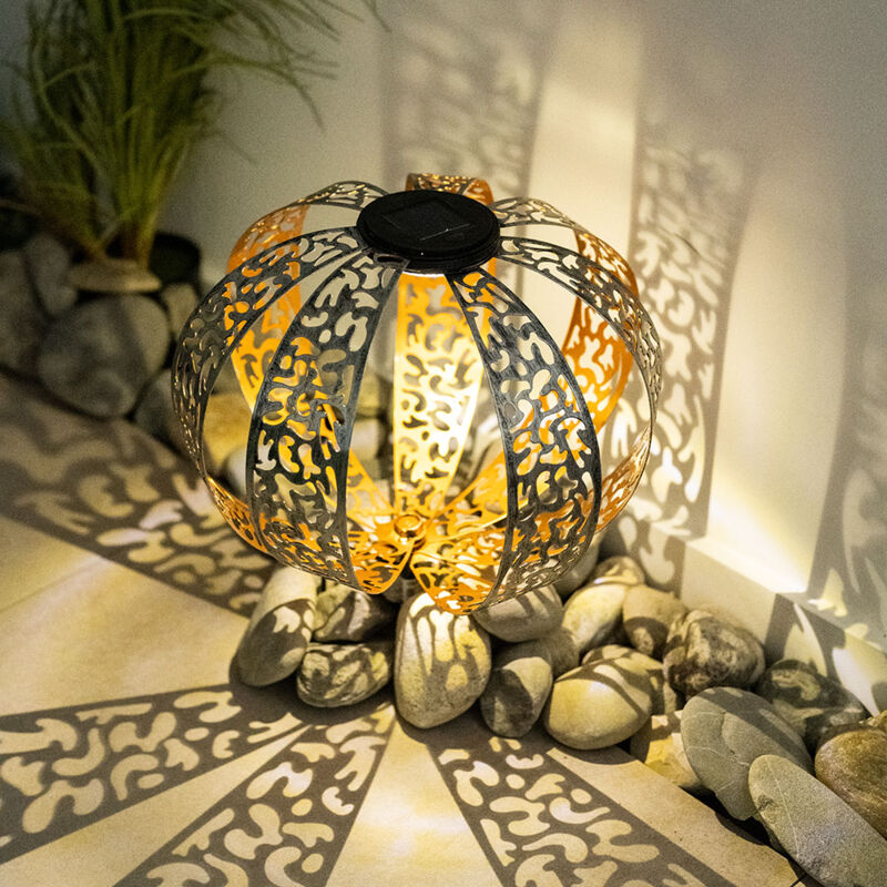 foto del prodotto sfera solare per esterno lampada solare a sfera color oro lampada solare da giardino orientale, con effetto luce e picchetto da terra, 1x led bianco