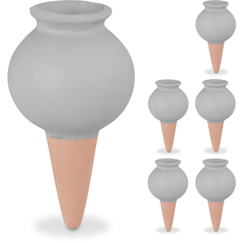 foto del prodotto sfere da irrigazione a goccia, set da 6, coni annaffiatura automatica per piante in vaso, terracotta grigio relaxdays