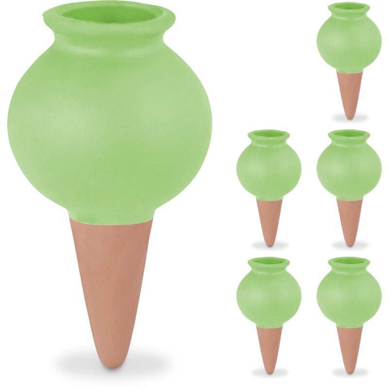 foto del prodotto sfere da irrigazione a goccia, set da 6, coni annaffiatura automatica per piante in vaso, terracotta verde relaxdays