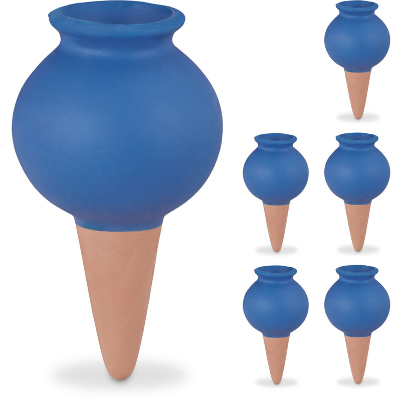foto del prodotto sfere da irrigazione a goccia, set da 6, coni per annaffiatura automatica per piante in vaso, terracotta blu relaxdays