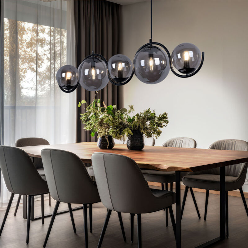 foto del prodotto sfere luminose a sospensione fumo luce sala da pranzo 5 lampadine lampada a sospensione nera, 5 prese e14, lxpxa 100x20x120 cm