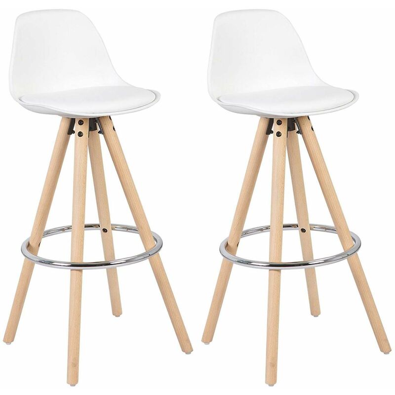 foto del prodotto sgabelli da bar sedia cucina con schienale tessuto di lino gambe legno 2pz bianco ecopelle woltu