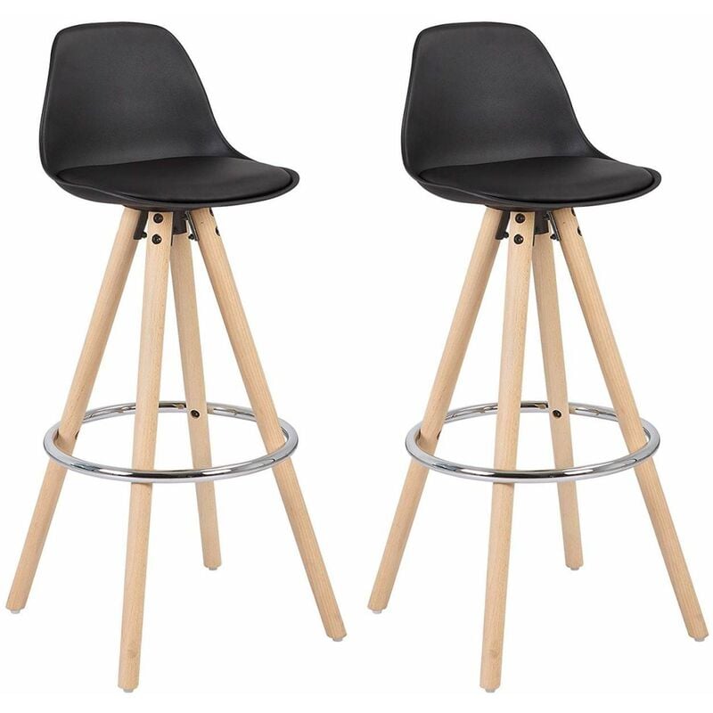 foto del prodotto sgabelli da bar sedia cucina con schienale tessuto di lino gambe legno 2pz nero ecopelle woltu
