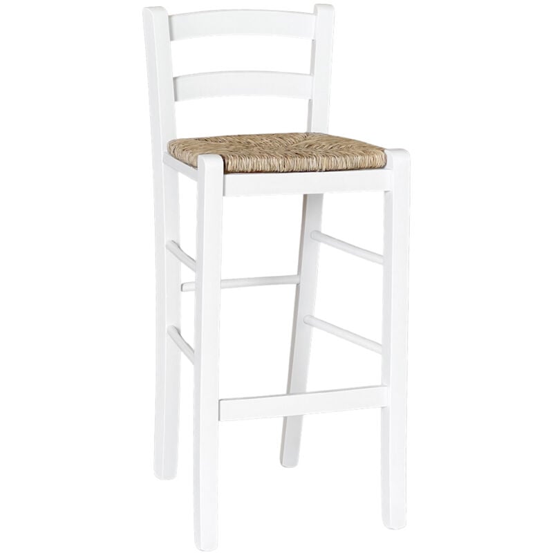 foto del prodotto sgabello alto 67 cm in legno di faggio italiano bianco con seduta in paglia
