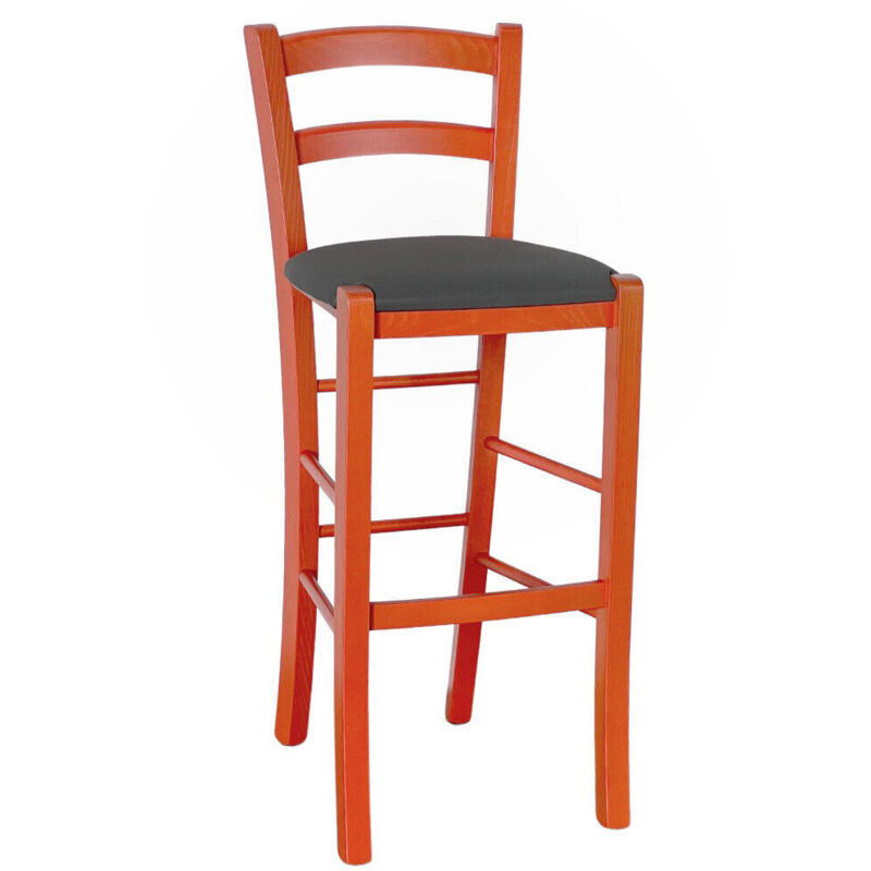 foto del prodotto sgabello alto in legno arancione h 73 cm rustico con seduta similpelle antracite