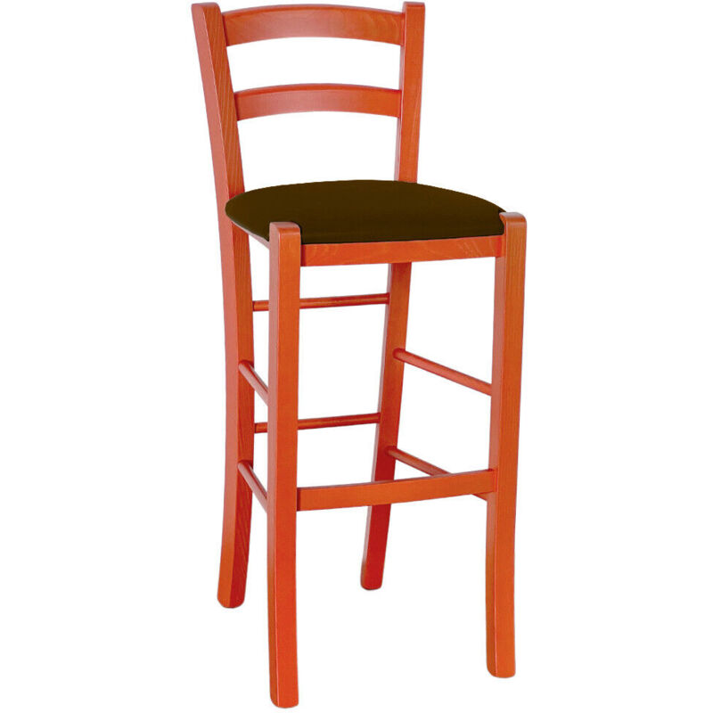 foto del prodotto sgabello alto in legno arancione h 73 cm rustico con seduta similpelle marrone