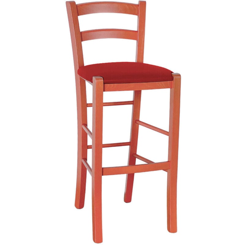 foto del prodotto sgabello alto in legno arancione h 73 cm rustico con seduta similpelle rosso