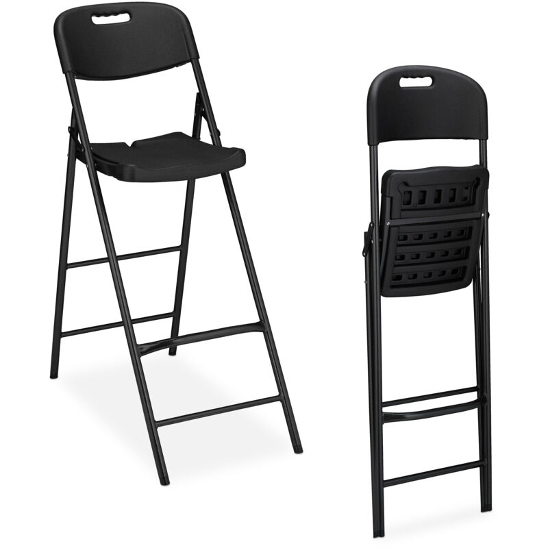 foto del prodotto sgabello alto pieghevole, set da 2, 118 cm, sedia con schienale e poggiapiedi, in plastica e acciaio, nero relaxdays