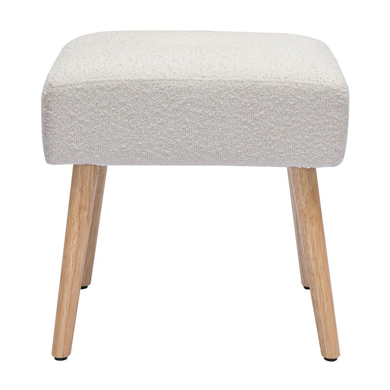 foto del prodotto sgabello basso in tessuto effetto lana boucl bianco e legno massello chiaro h46 cm guesta