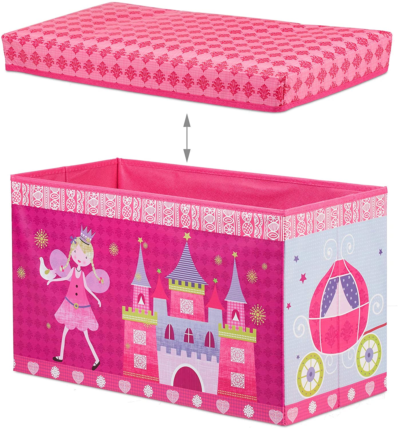 foto del prodotto sgabello baule contenitore per giocattoli, pouf portaoggetti per bambini rosa 13 0002763