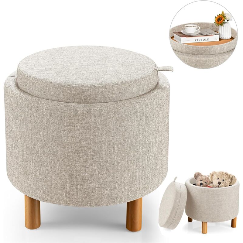 foto del prodotto sgabello con spazio di stoccaggio, poggiapiedi rotondo con coperchio ribaltabile e gambe in legno di faggio, pouf con seduta imbottita, sgabello per