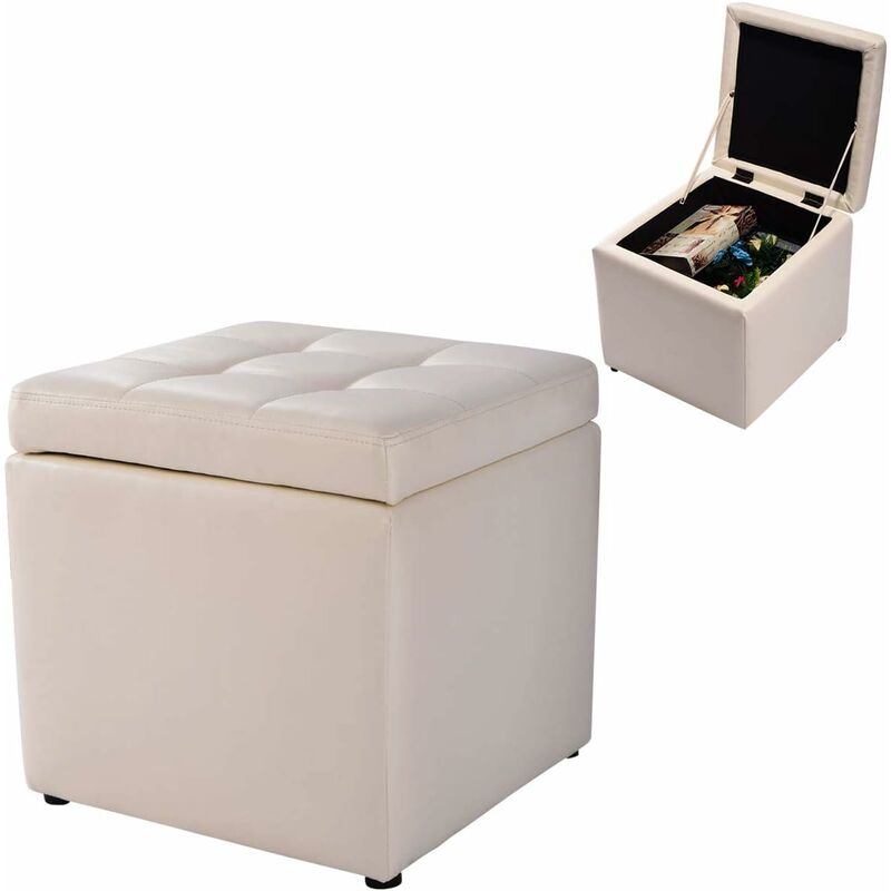 foto del prodotto sgabello con vano portaoggetti poggiapiedi in pu, capacit di carico fino a 300 kg, 40 x 40 x 40 cm crema bianco 