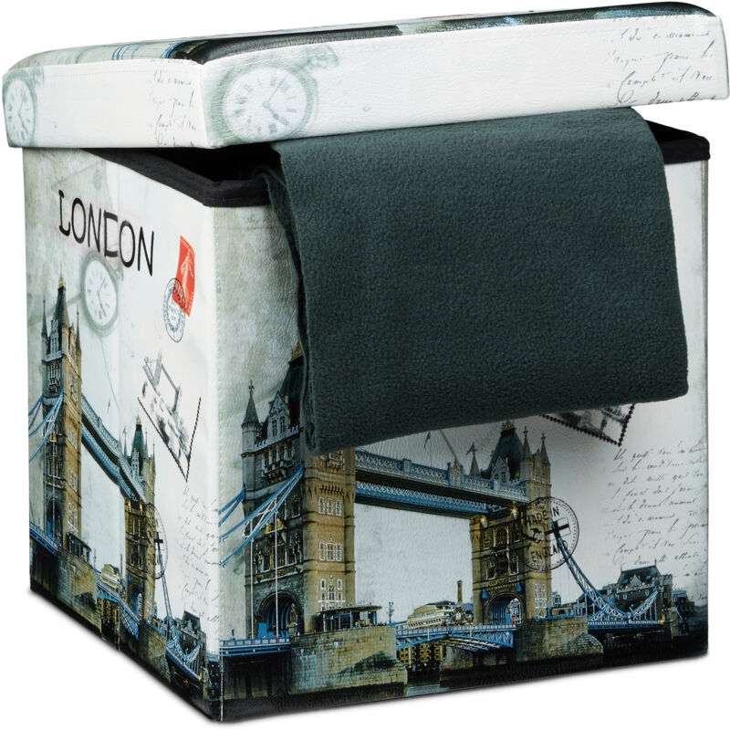 foto del prodotto sgabello contenitore, 38x38x38 cm, pouf portaoggetti, london, pelle finta, coperchio imbottito, multicolore relaxdays