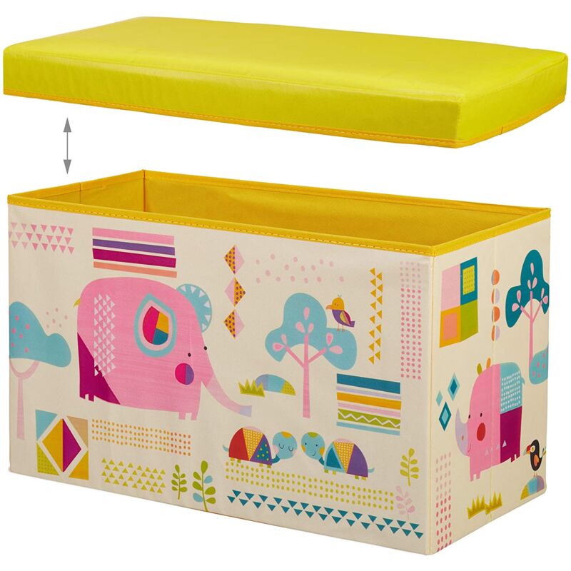 foto del prodotto sgabello contenitore per giocattoli, pouf portaoggetti per bambini, giallo