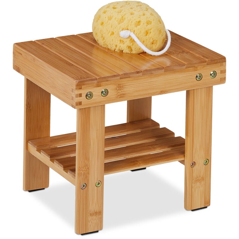foto del prodotto sgabello da bagno con ripiano, mobiletto in bamb , 26 x 27 x 22,5 cm, sgabellino per corridoio, marrone chiaro relaxdays