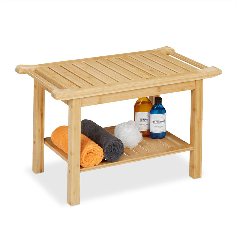 foto del prodotto sgabello da bagno in bamb , mobiletto ripiano, alzatina, pouf, in legno, hxlxp 45 x 75 x 40,5 cm, marrone relaxdays