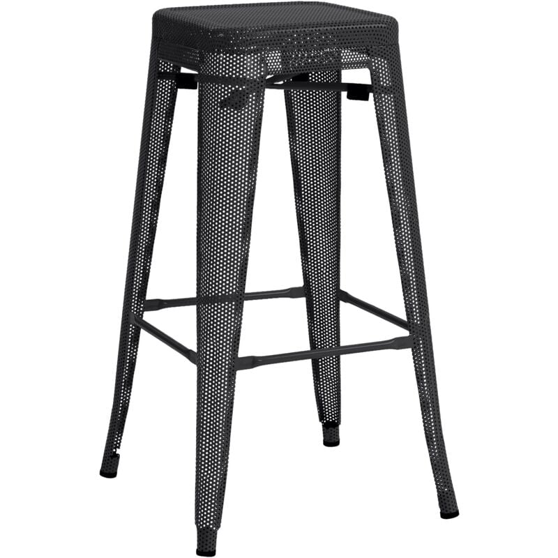 foto del prodotto sgabello da bar con poggiapiedi impilabile dal design industriale in metallo traforato nero 100004867