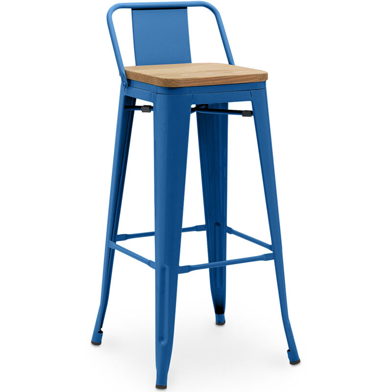 foto del prodotto sgabello da bar con schienale design industriale legno e acciaio 76cm nuova edizione stylix blu scuro