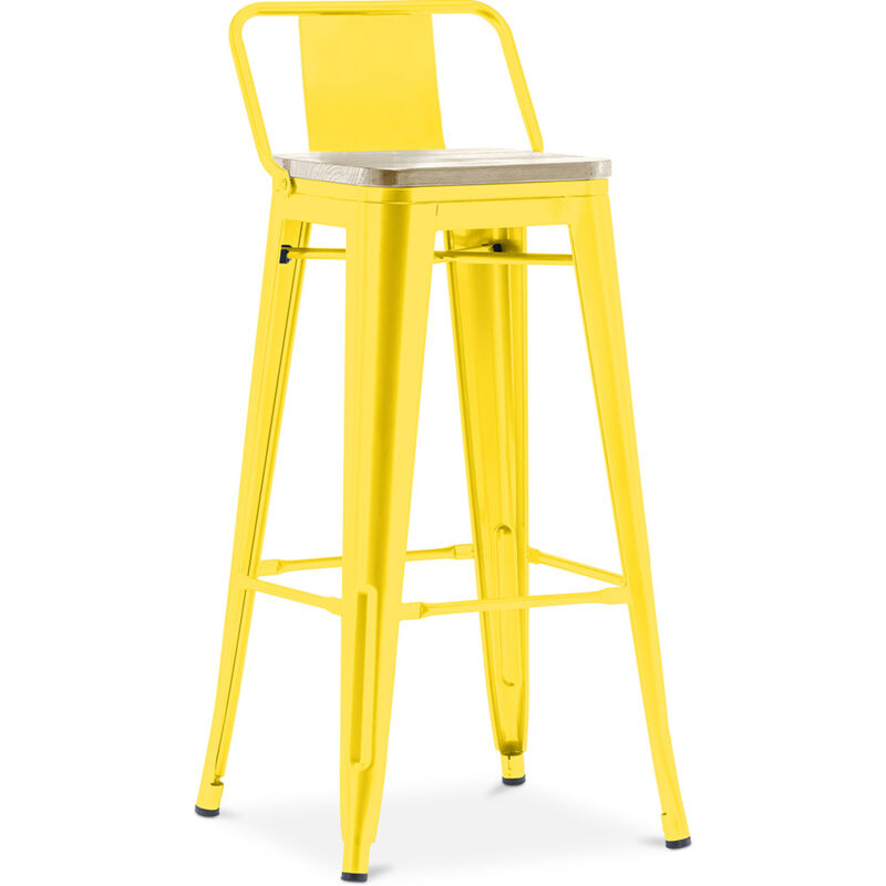 foto del prodotto sgabello da bar con schienale design industriale legno e acciaio 76cm nuova edizione stylix giallo