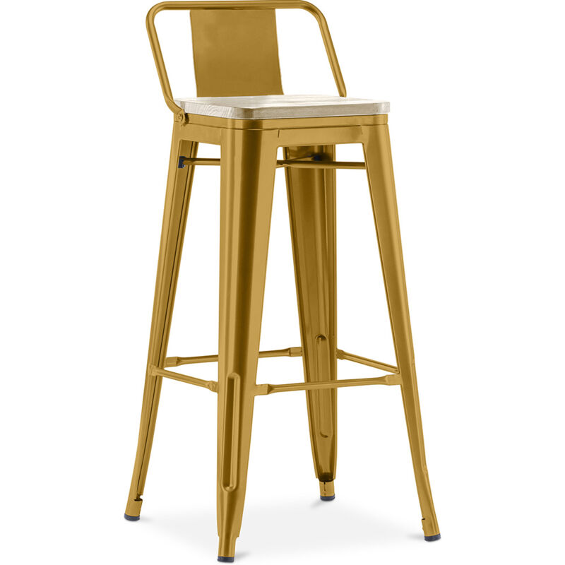 foto del prodotto sgabello da bar con schienale design industriale legno e acciaio 76cm nuova edizione stylix oro