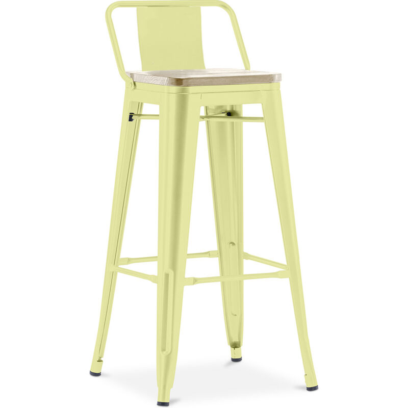 foto del prodotto sgabello da bar con schienale design industriale legno e acciaio 76cm nuova edizione stylix pastel yellow