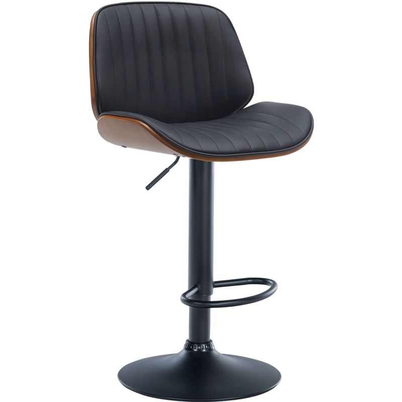 foto del prodotto sgabello da bar dal design moderno cuciture verticali in legno di noce pvc nero e metallo nero 100005296