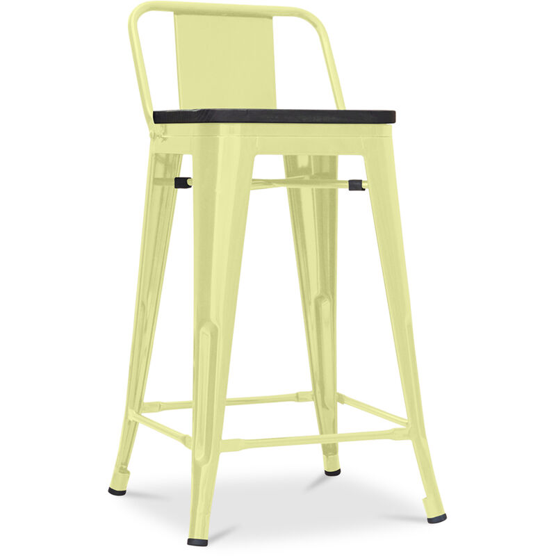 foto del prodotto sgabello da bar di design industriale con schienale legno e acciaio 60 cm stylix pastel yellow