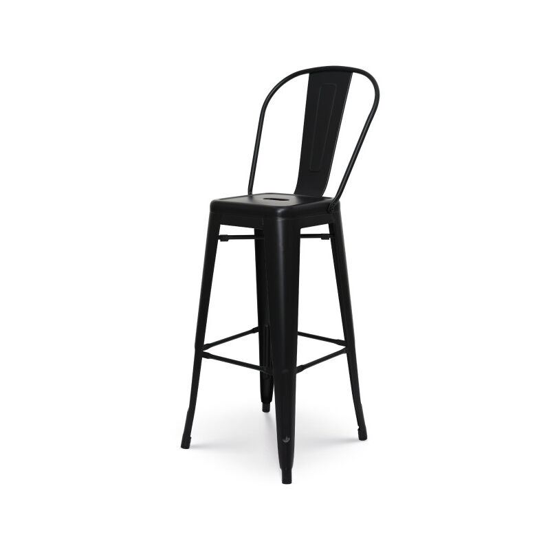 foto del prodotto sgabello da bar in metallo nero opaco in stile industriale con schienale alto altezza 76 cm
