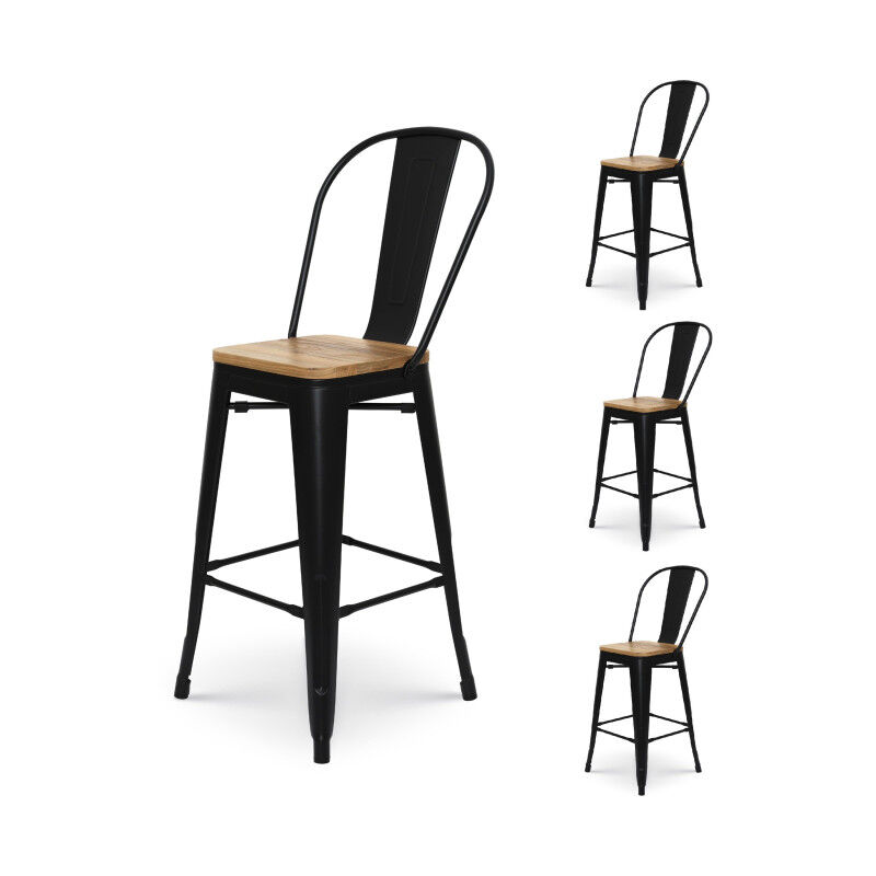 foto del prodotto sgabello da bar in metallo nero opaco in stile industriale con schienale alto e seduta in legno chiaro altezza 66 cm