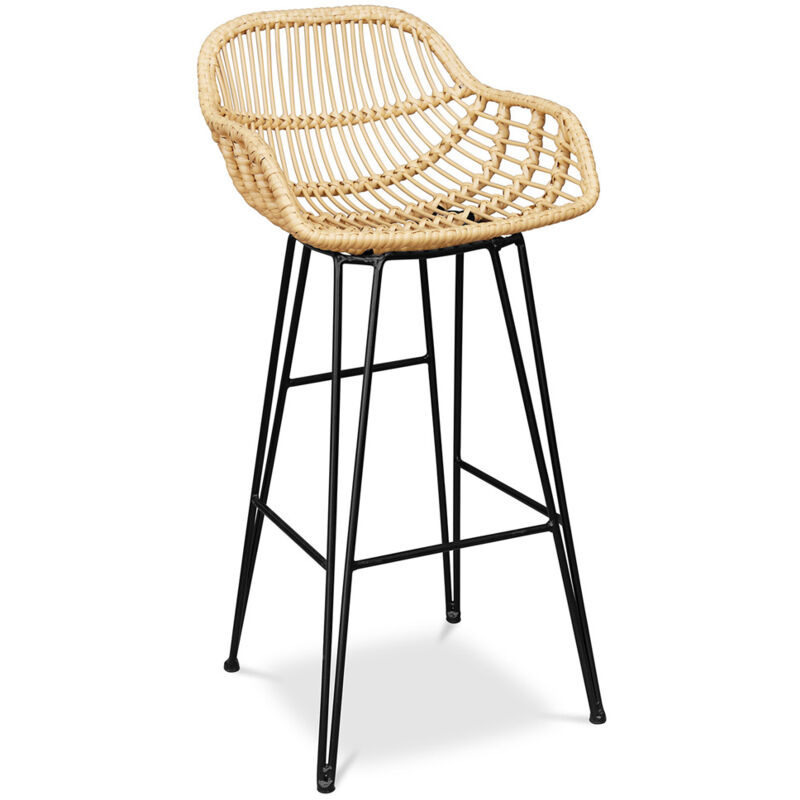 foto del prodotto sgabello da bar in rattan con braccioli stile boho bali 75cm many marrone chiaro