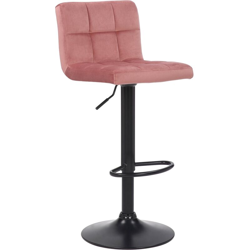foto del prodotto sgabello da bar in velluto rosa con gambe in metallo nero sedile imbottito poggiapiedi girevole tdb10178