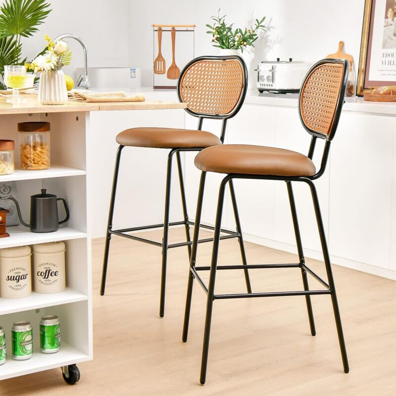 foto del prodotto sgabello da bar moderno, set di 2 sgabelli con schienale, cuscino in schiuma e struttura in metallo, sedia alta con poggiapiedi per ristorante,