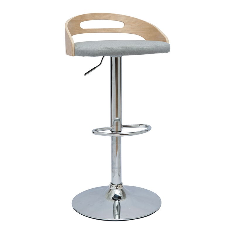 foto del prodotto sgabello da bar regolabile design legno chiaro e tessuto grigio chiaro mano