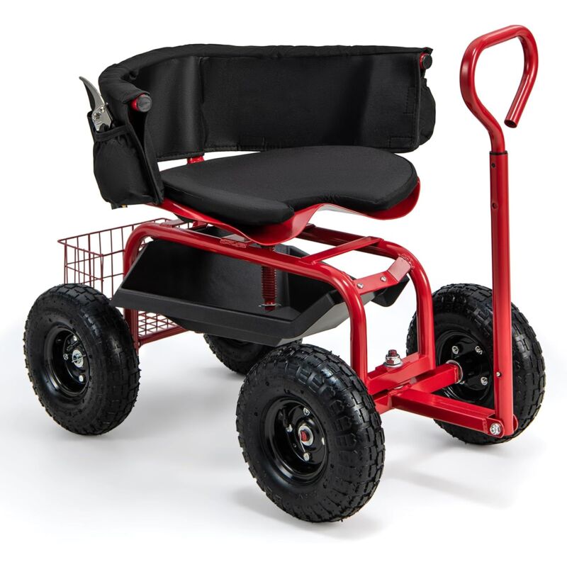 foto del prodotto sgabello da giardino con ruote, altezza regolabile, sedia da giardino con cestello e borsa per attrezzi, portata 150 kg, per giardino, prato e