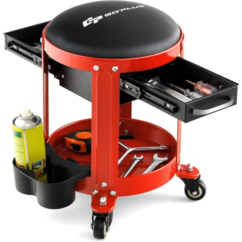 foto del prodotto sgabello da officina, sgabello meccanico rotante con 2 cassetti, ripiano, vassoio, ruote, 150 kg di capacit , per garage, officina costway