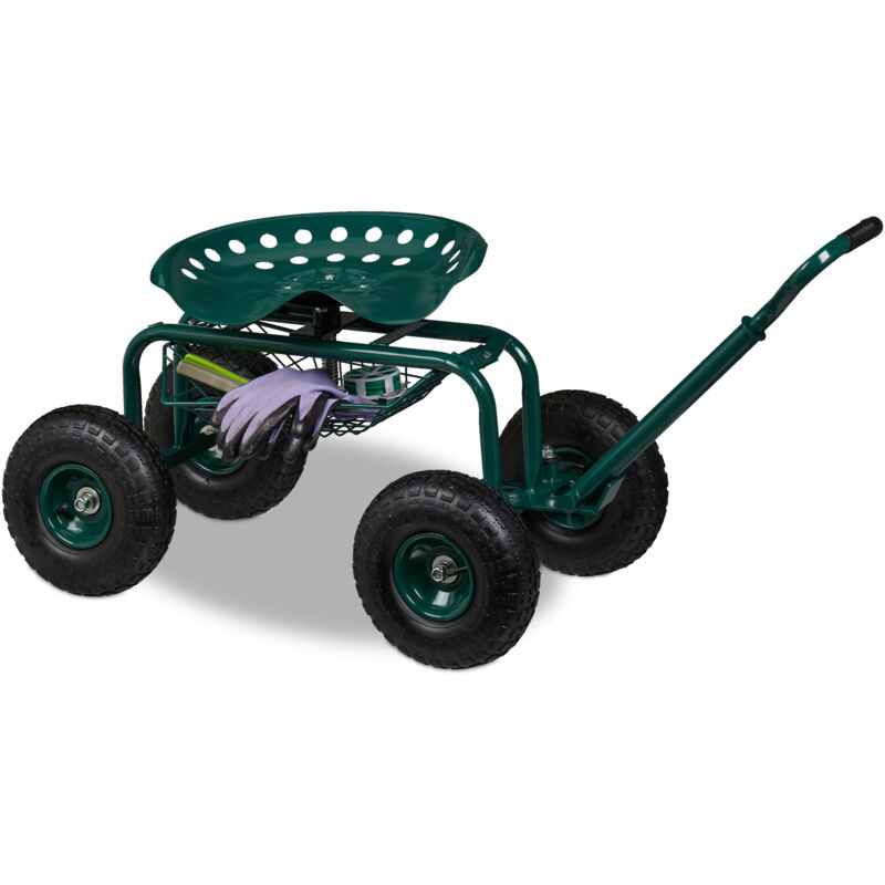 foto del prodotto sgabello giardinaggio con ruote, carrello portautensili giardino, altezza regolabile, 150 kg, acciaio, verde relaxdays
