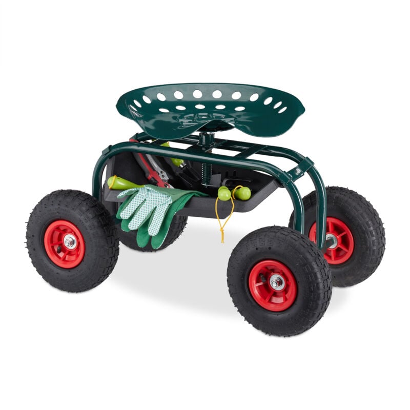 foto del prodotto sgabello giardinaggio con ruote, carrello portautensili giardino e officina, regolabile, 150kg, acciaio, verde relaxdays