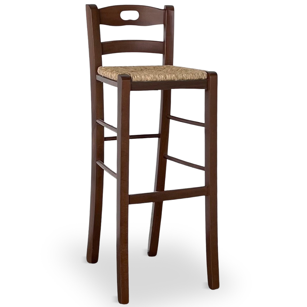 foto del prodotto sgabello h 80 cm legno noce scuro con manico nello schienale e seduta in paglia