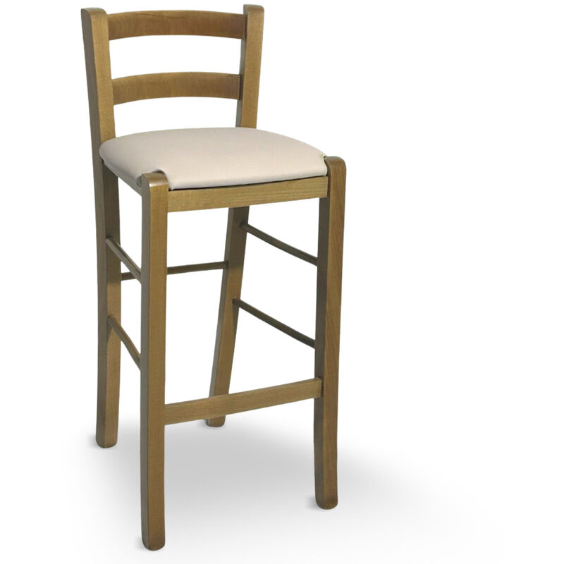 foto del prodotto sgabello in legno noce chiaro con schienale h 66 cm con seduta similpelle beige