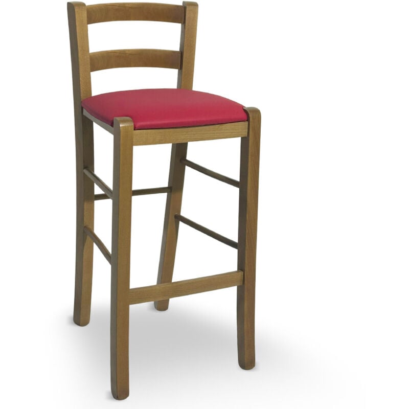 foto del prodotto sgabello in legno noce chiaro con schienale h 66 cm con seduta similpelle rosso
