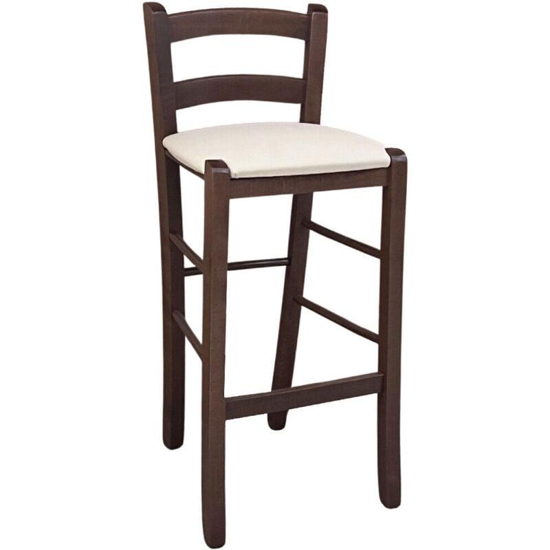 foto del prodotto sgabello in legno noce scuro h 67 seduta imbottita in similpelle beige crema