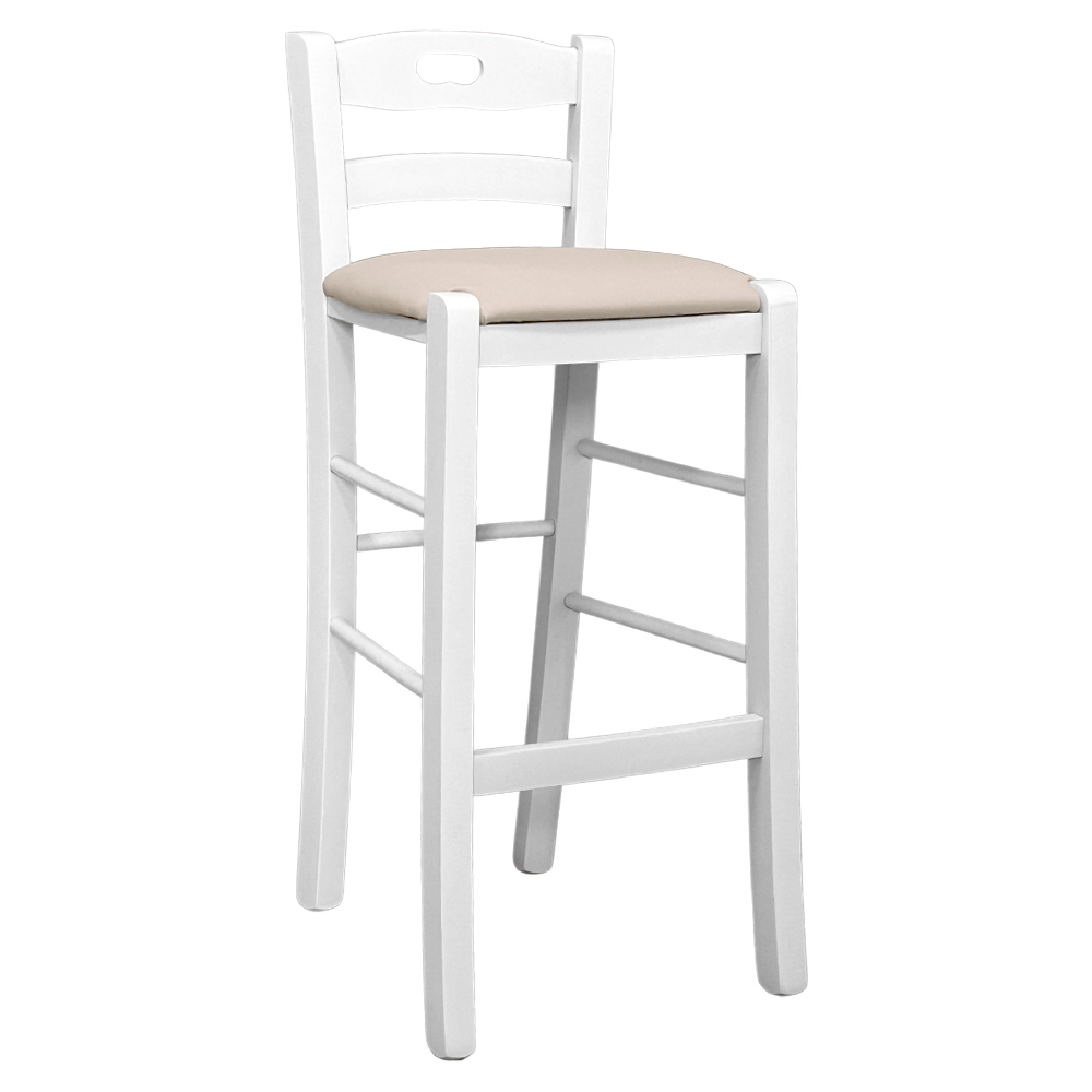 foto del prodotto sgabello legno bianco con foro nello schienale h66 seduta ecopelle beige