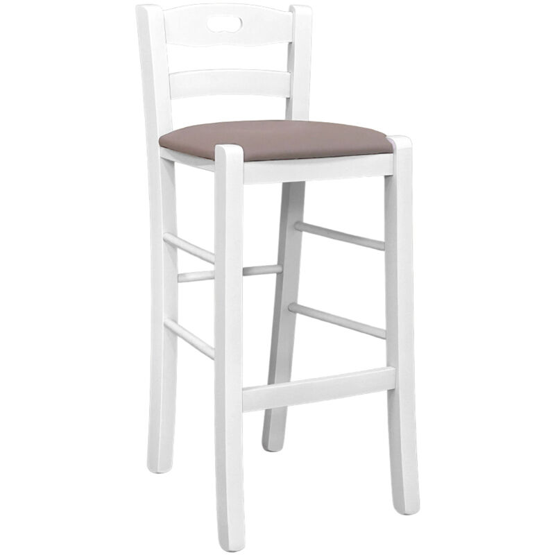 foto del prodotto sgabello legno bianco con foro nello schienale h66 seduta ecopelle tortora