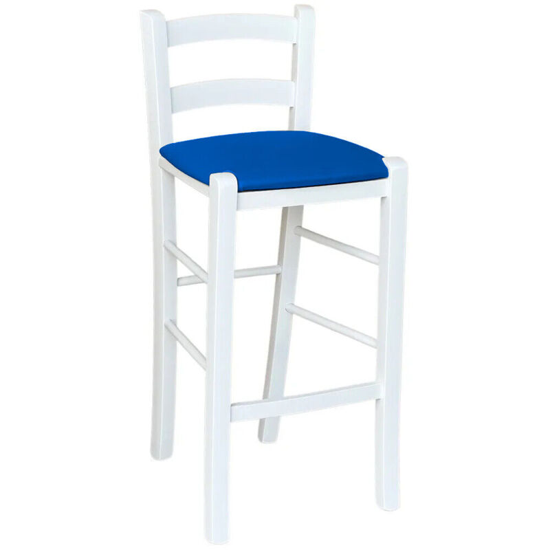 foto del prodotto sgabello legno bianco sedile in similpelle blu h 67 cm da terra alla seduta