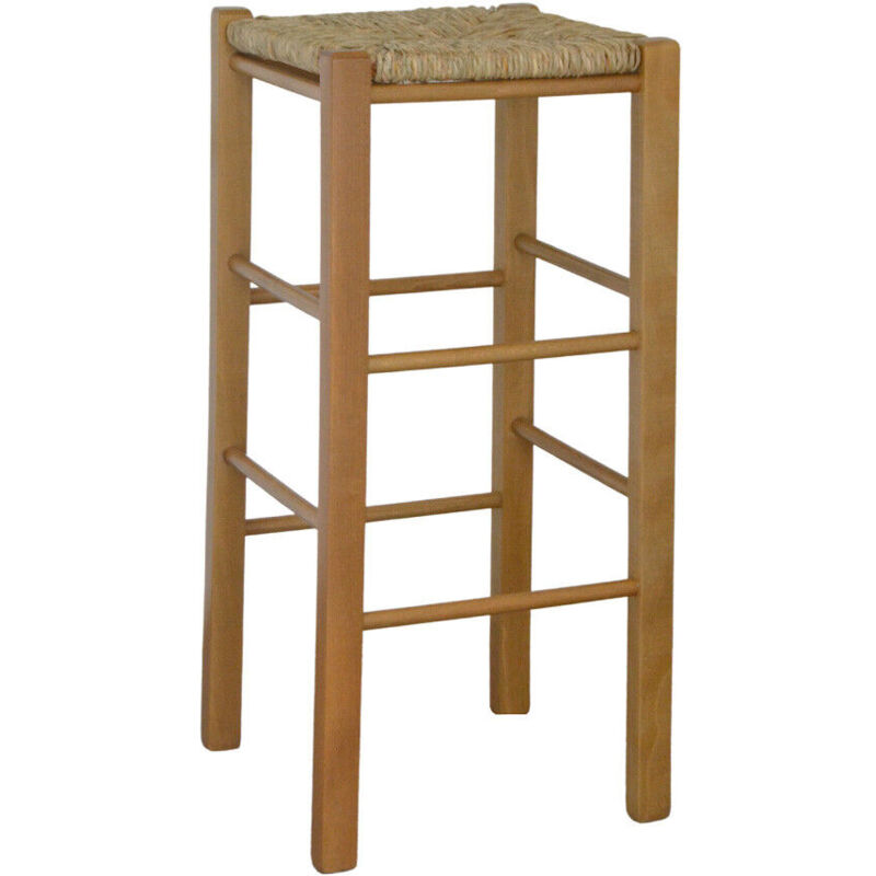 foto del prodotto sgabello legno con seduta quadrata in paglia h 70 cm noce chiaro gambe dritte