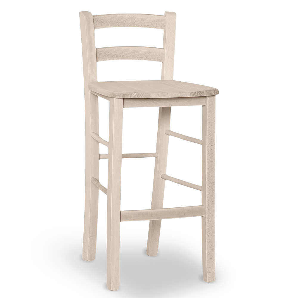 foto del prodotto sgabello legno grezzo con schienale e seduta legno massello h 67cm