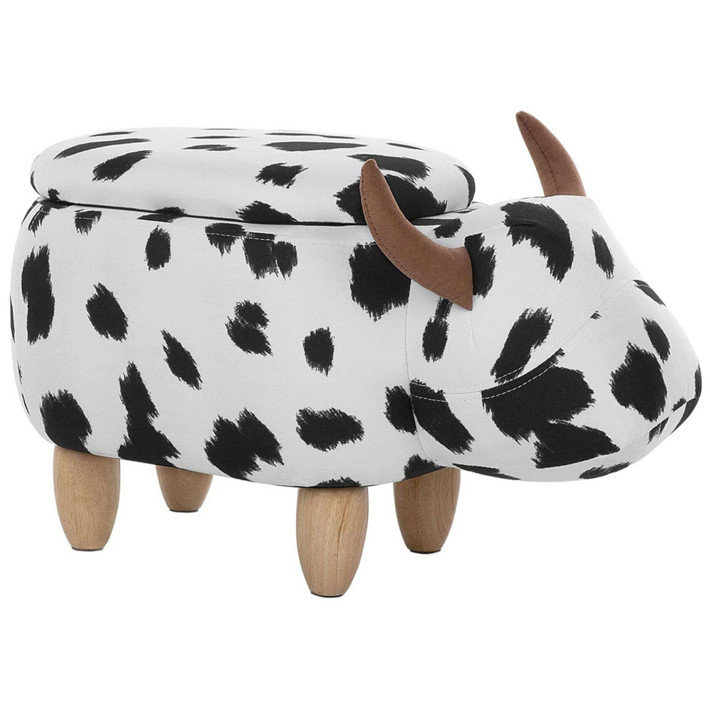 foto del prodotto sgabello per bambini animale mucca con contenitore poggiapiedi per bambini in finta pelle nera e bianca con gambe in legno